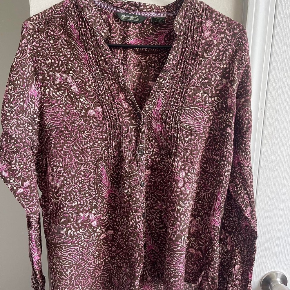 Eddie Bauer Womens Brown Pink Paisley Pintuck Cotton Crinkle Blouse Large L